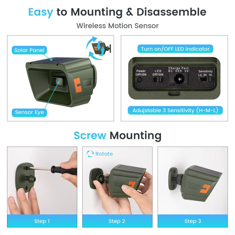 Wireless motion sensor with solar panel outdoors
