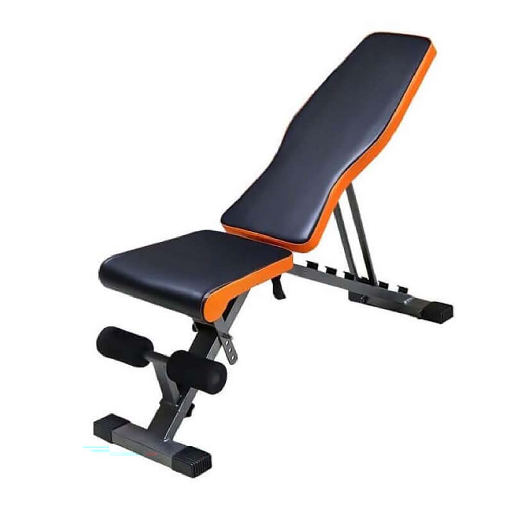 Adjustable weight bench with padded black seat and backrest
