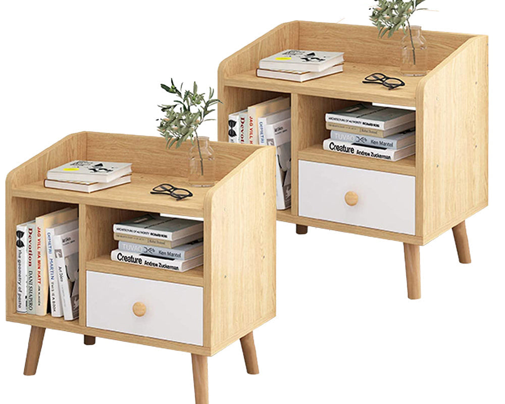 Bedside table with drawer showing easy assembly parts