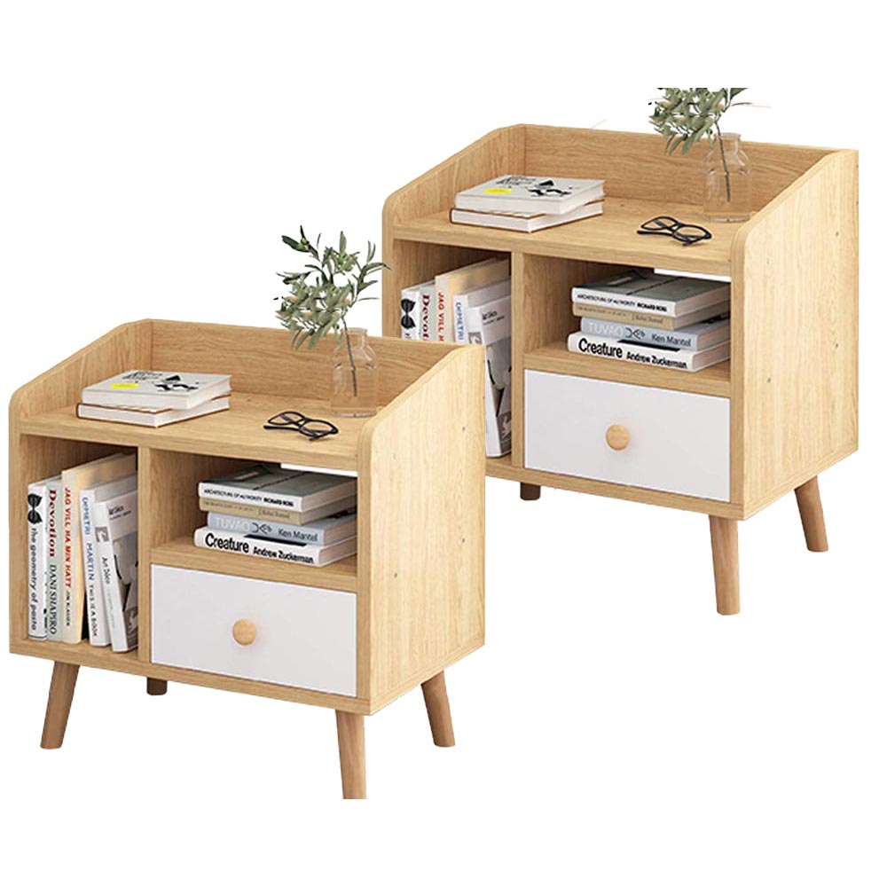 Bedside table with drawer front view in rustic brown MDF wood