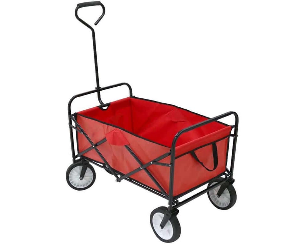 Red garden trolley loaded with tools