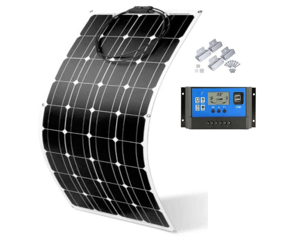 Side view of flexible solar panel with metal mounts