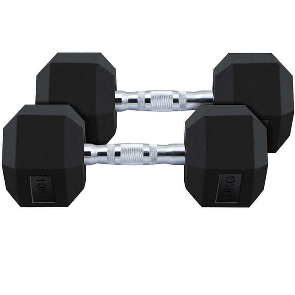 Dumbbells set 2x 10kg hex weights on floor