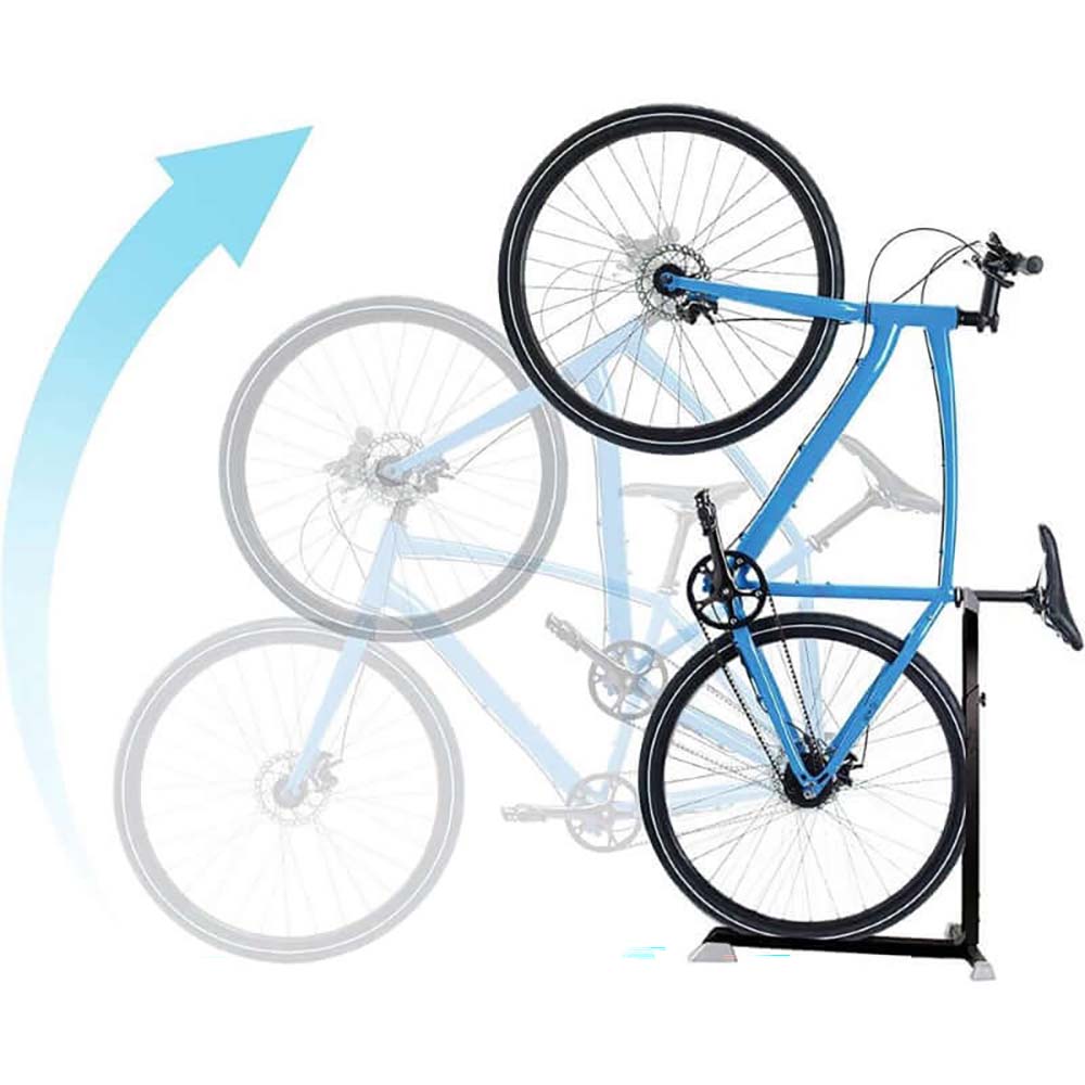 Black bike stand rack holding mountain bike upright