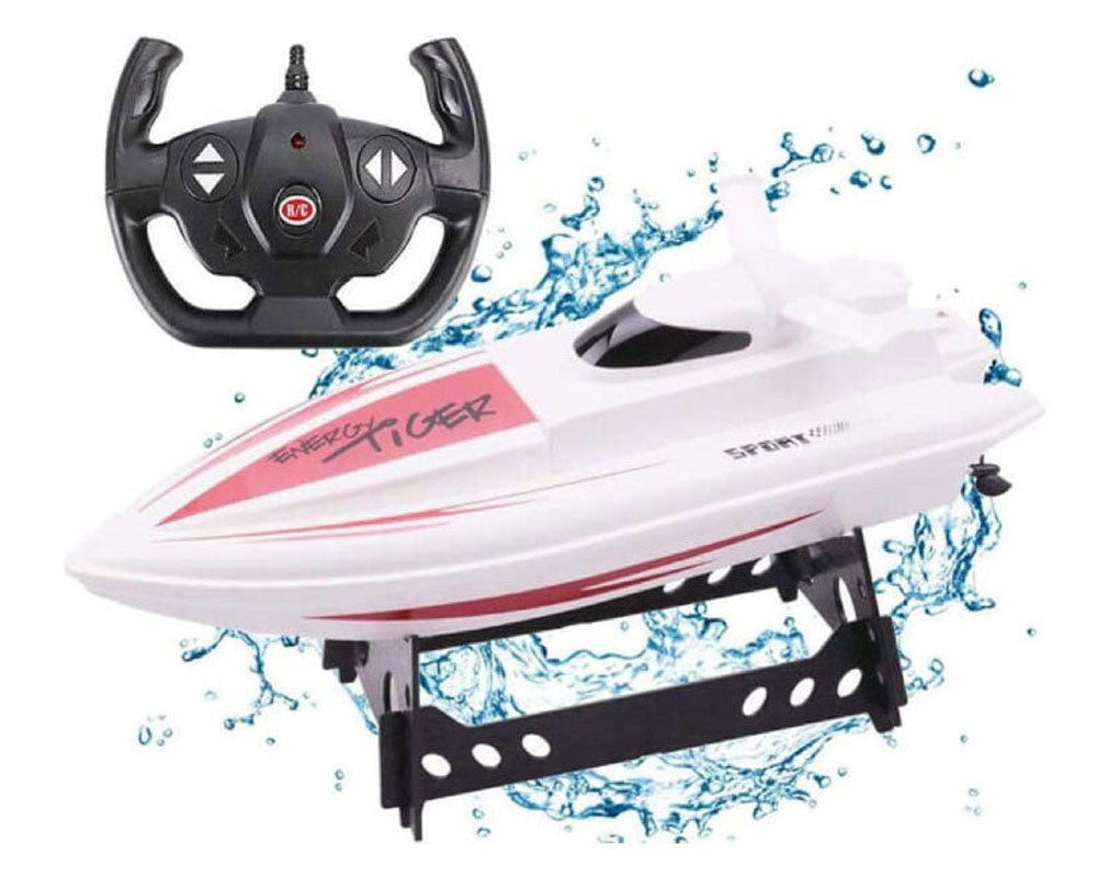 RC boat package contents with batteries and remote