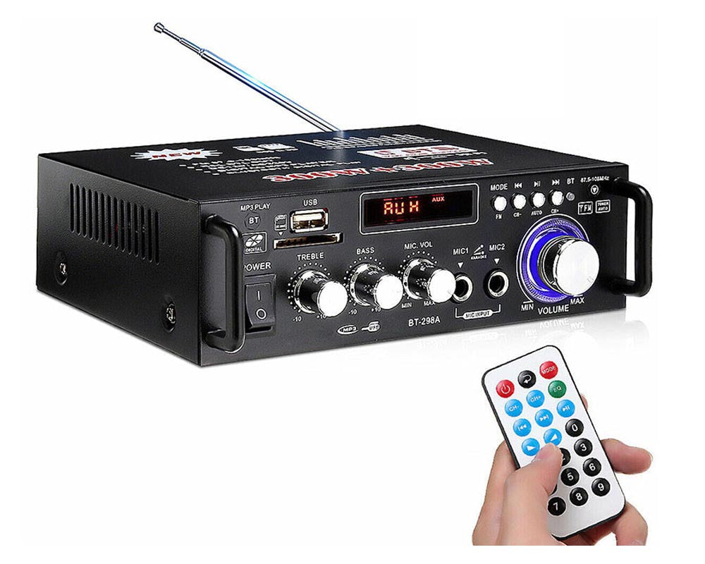 Black stereo amplifier with analog volume and tone controls