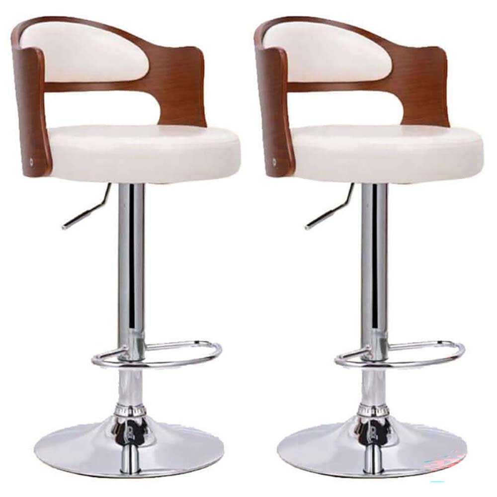 Bar Stools 2PCS Set Wooden Seat PU Leather White sturdy steel frame