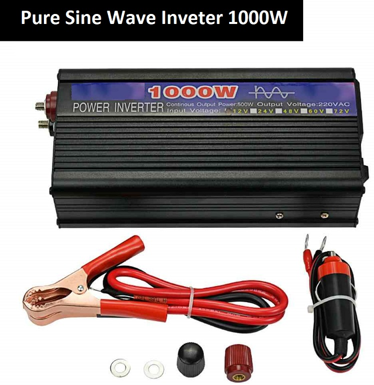 Pure sine wave inverter 1000W 12V showing product label and specs