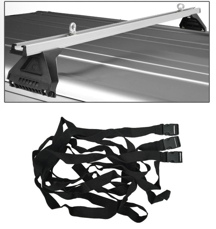 Eye bolts securing load on car roof rack cross bar