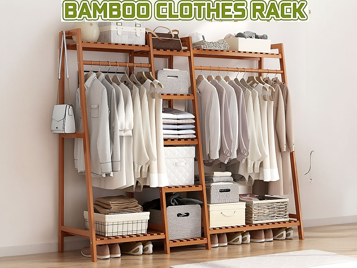 Bamboo rack with bags and boxes on shelves