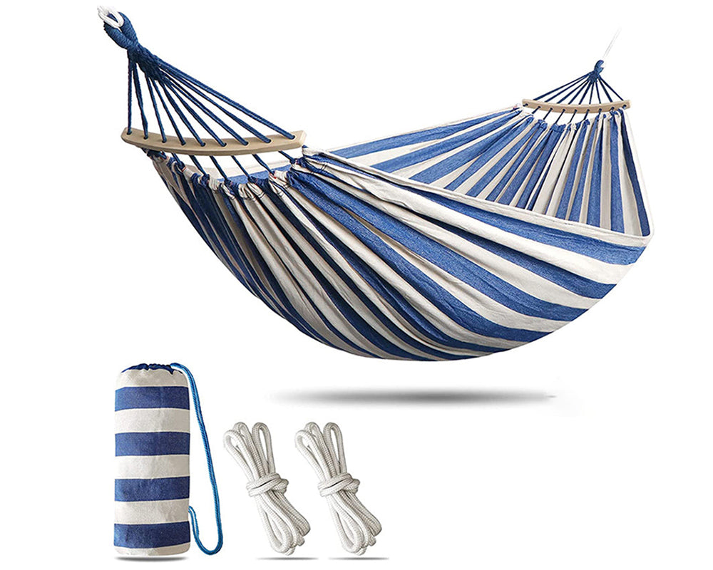 Side view of hammock hanging chair showing bent wooden pole design