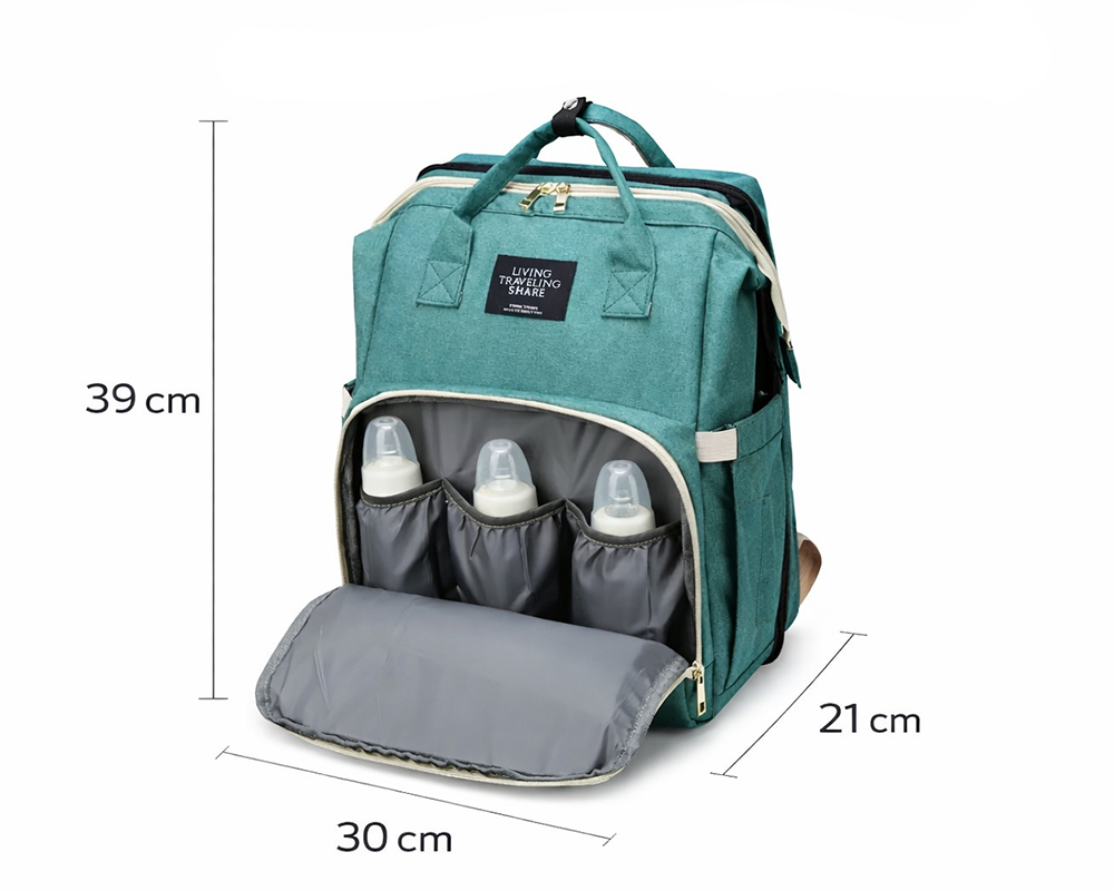 Folded nappy bag converted to baby travel bed