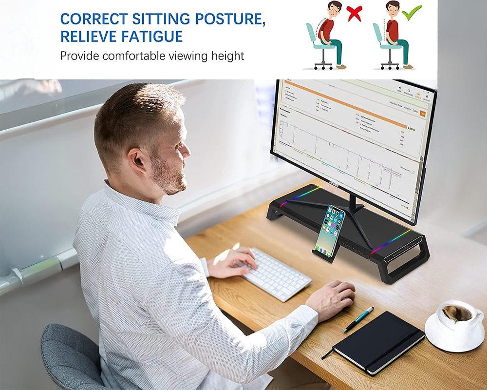 Monitor Stand Riser – RGB Monitor Stand Riser with USB Hub & Drawer