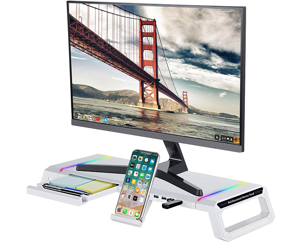 Monitor Stand Riser – White RGB Monitor Stand Riser with USB Hub