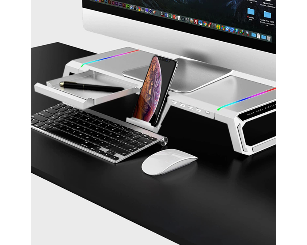 Monitor Stand Riser – White RGB Monitor Stand Riser with USB Hub