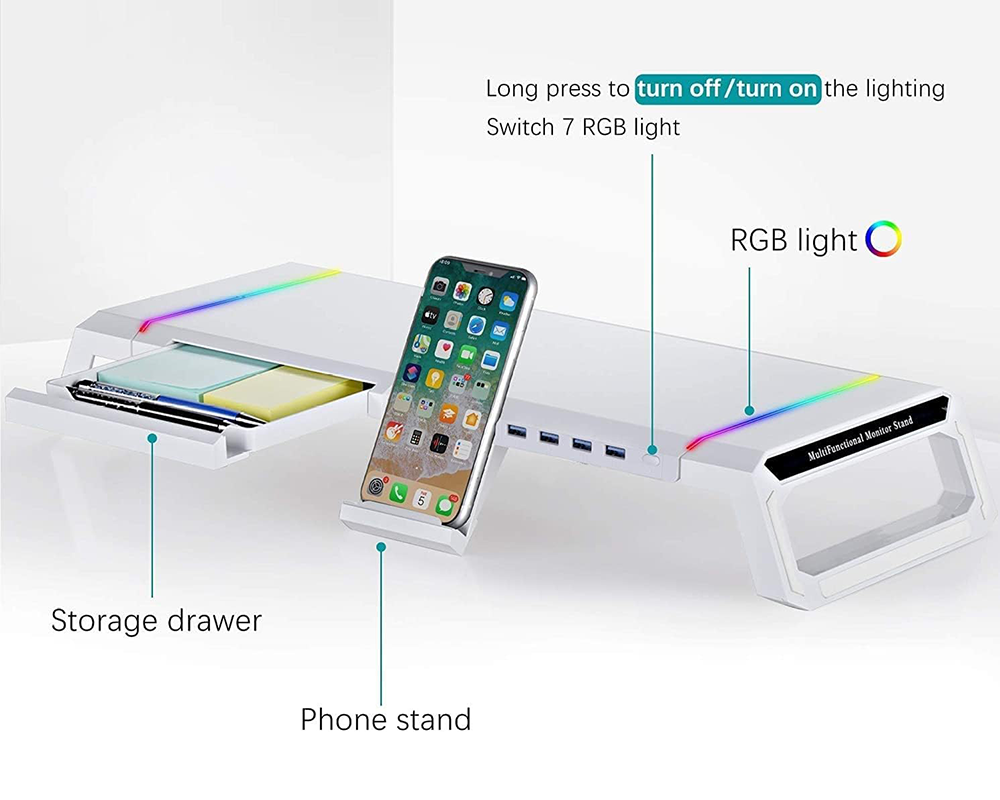 Monitor Stand Riser – White RGB Monitor Stand Riser with USB Hub