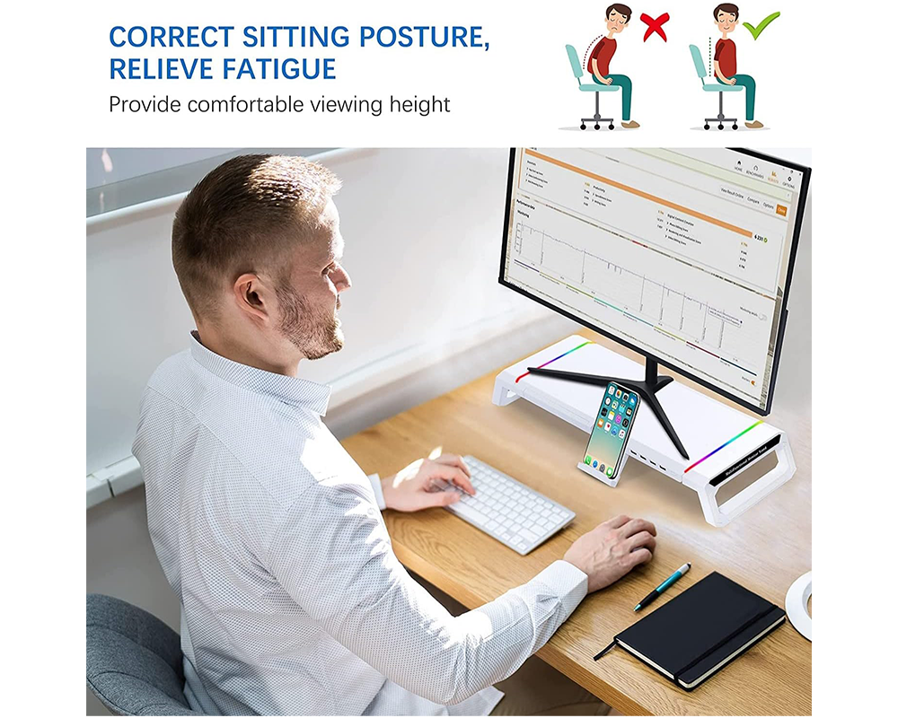 Monitor Stand Riser – White RGB Monitor Stand Riser with USB Hub