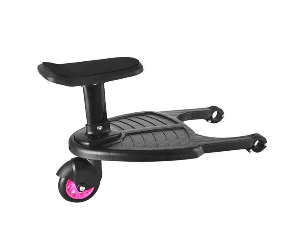 Toddler standing on buggy step board