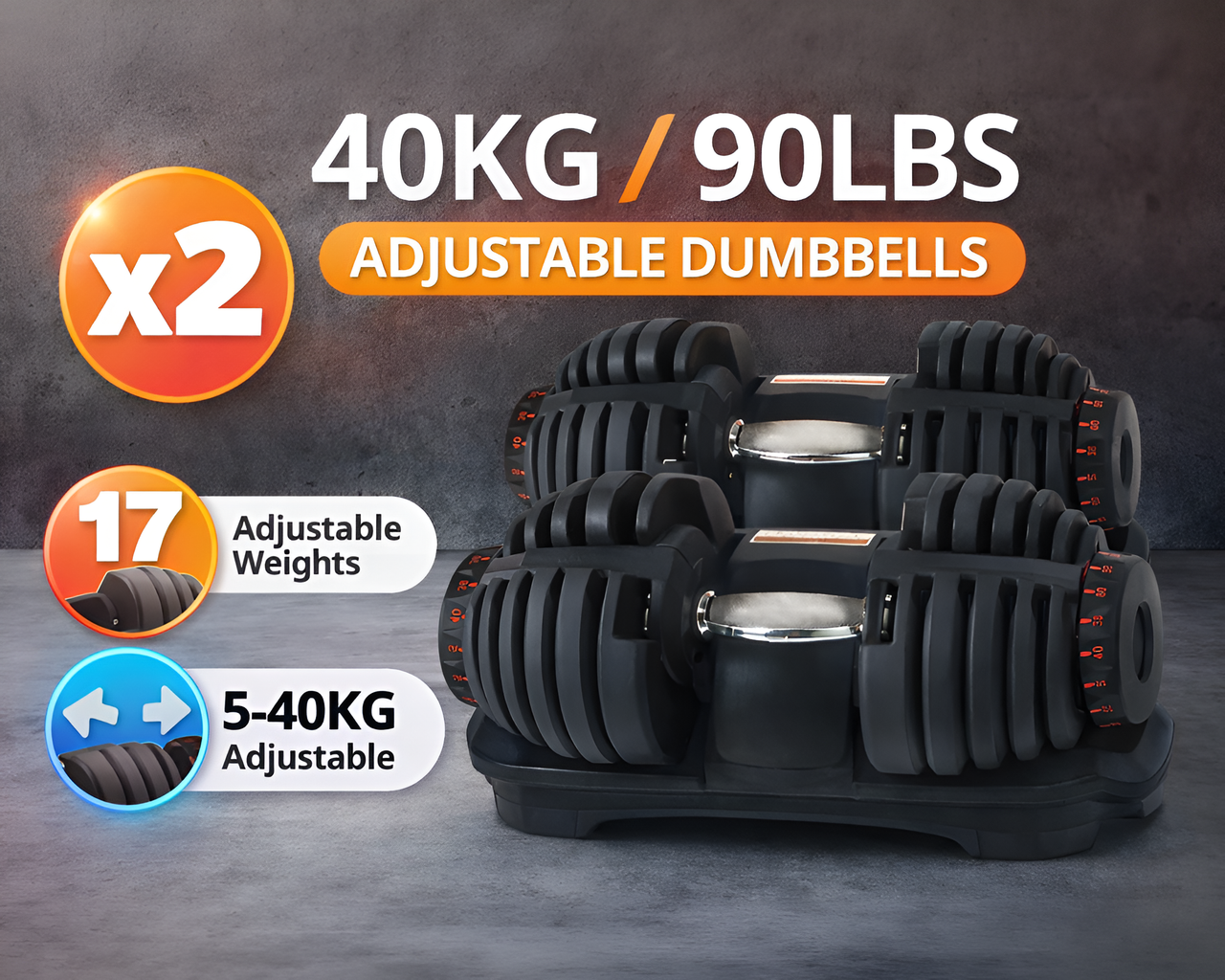 Adjustable Dumbbells Pair 40KG Dial Weight Set for Home Gym