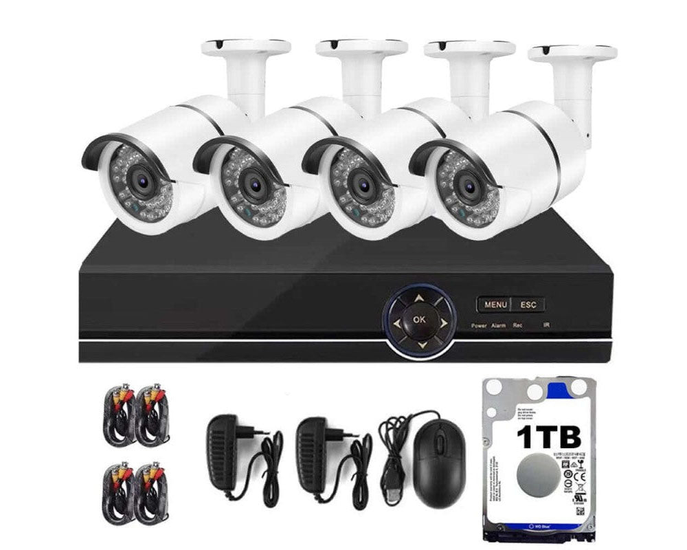 Security camera system 1TB storage 4 channel camera mounted indoors