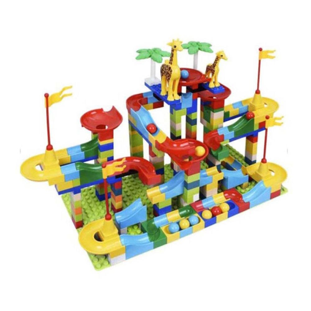 Marble run set components spread out