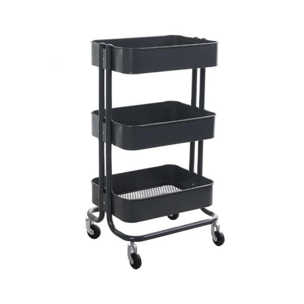 3 tier kitchen trolley front view with black trays