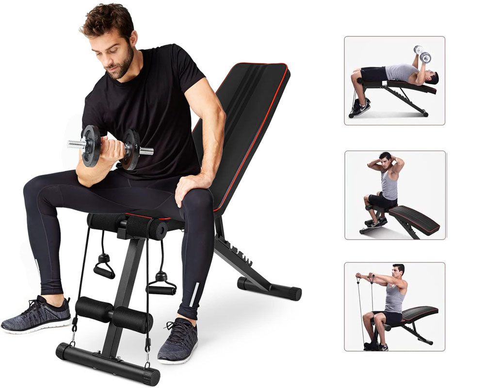 Weight bench in home gym setting with weights