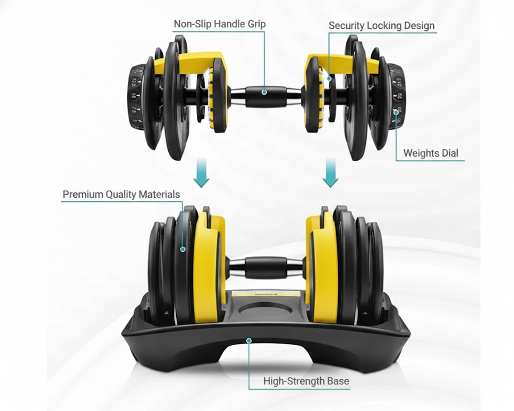 Dumbbells placed on holders for safety