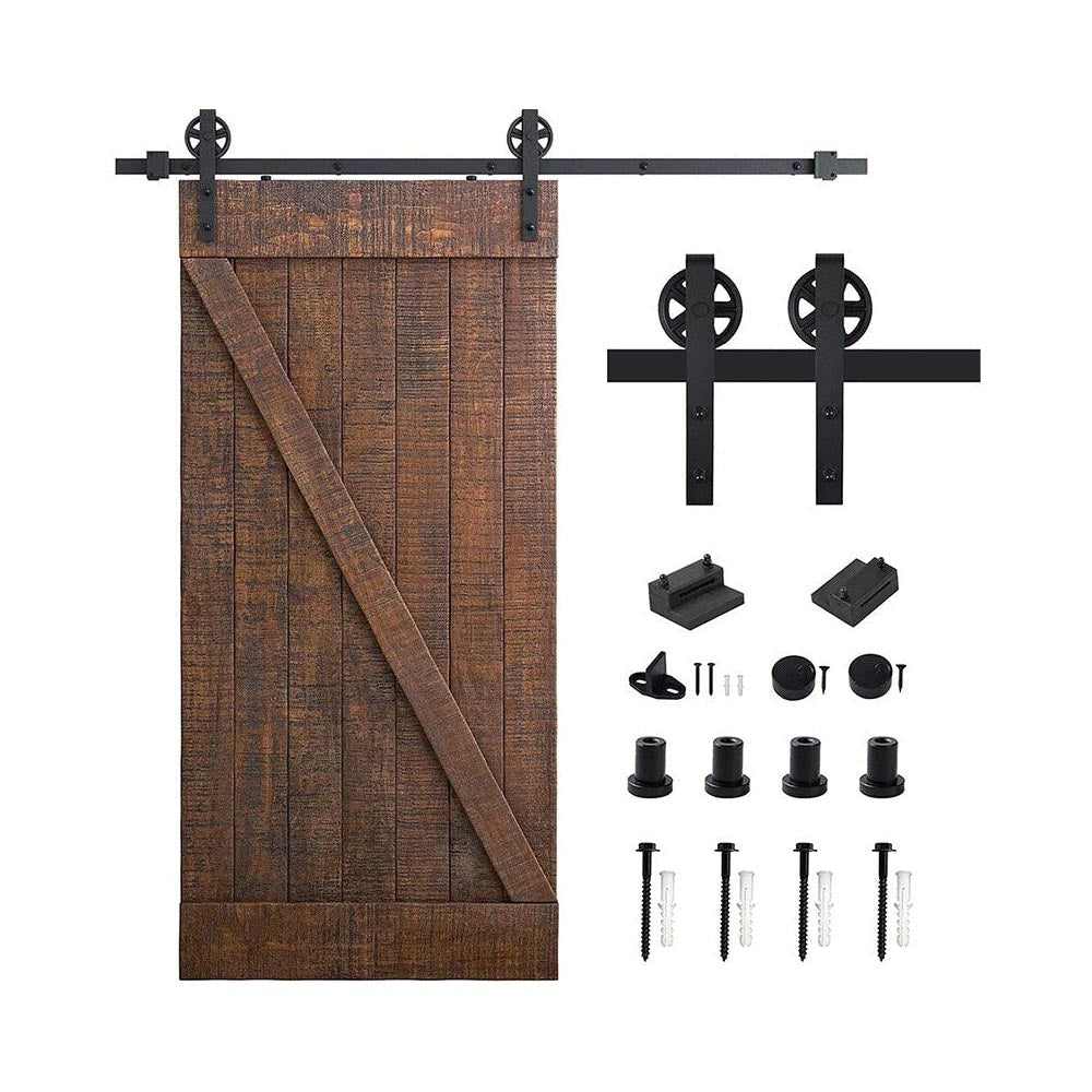 Barn door hardware components laid out