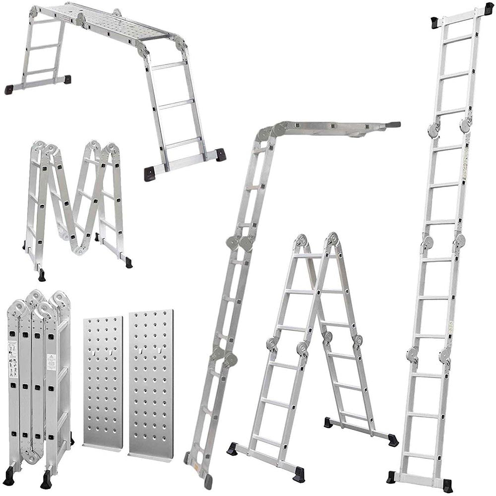 Telescopic ladder with twin stabiliser bars and rubber feet