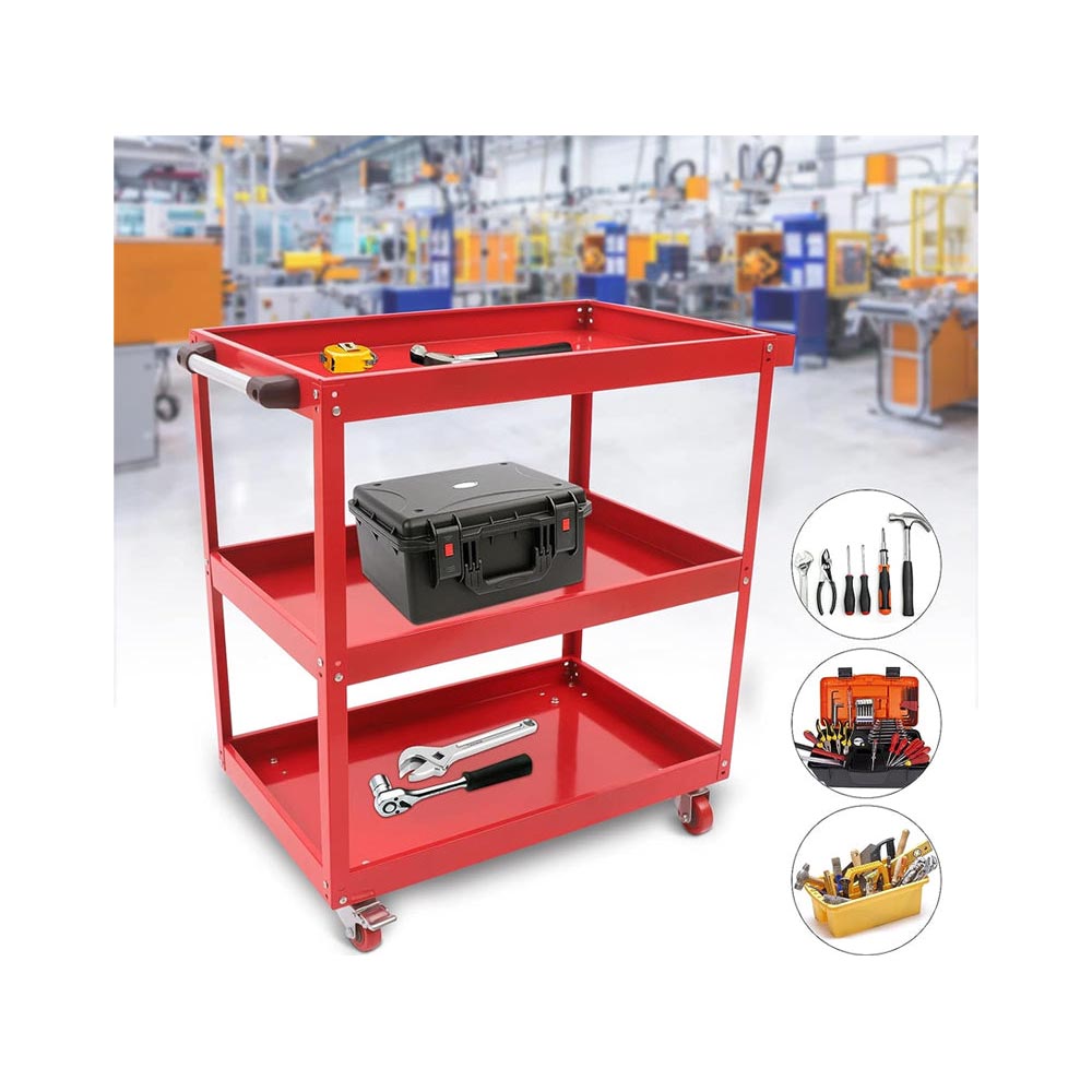 Red steel tool cart trolley 3-tier storage