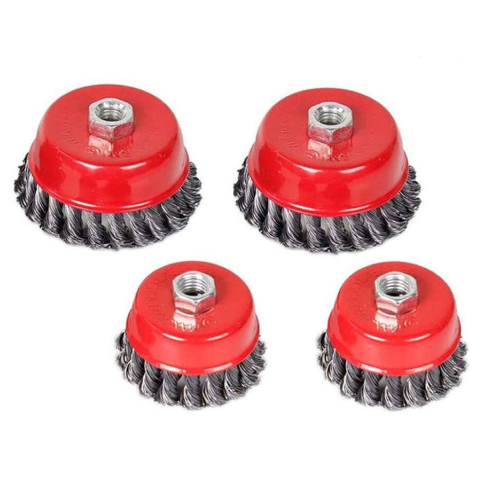 Wire cup brush showing durable steel wire construction