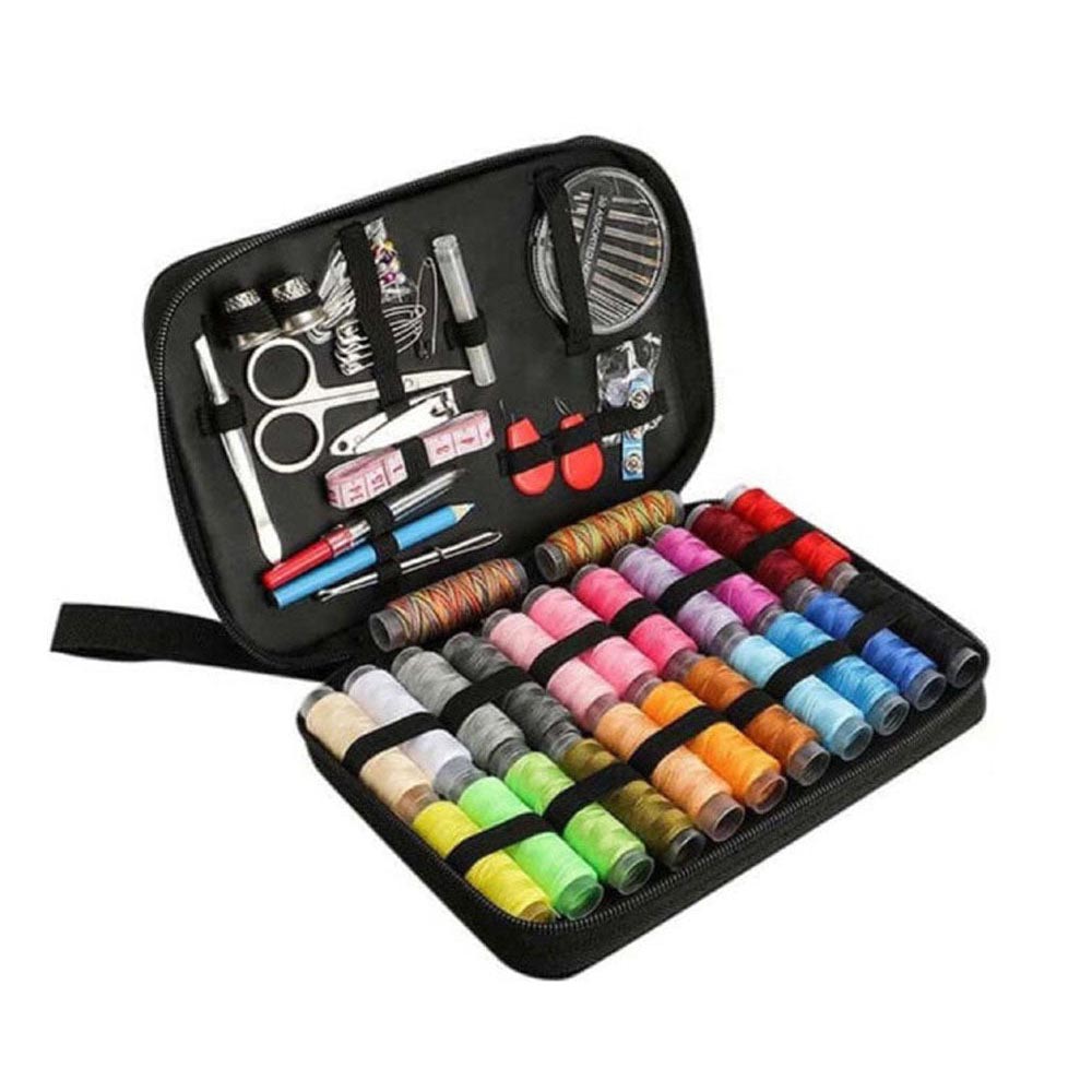 Sewing kit showing elastic bands holding items