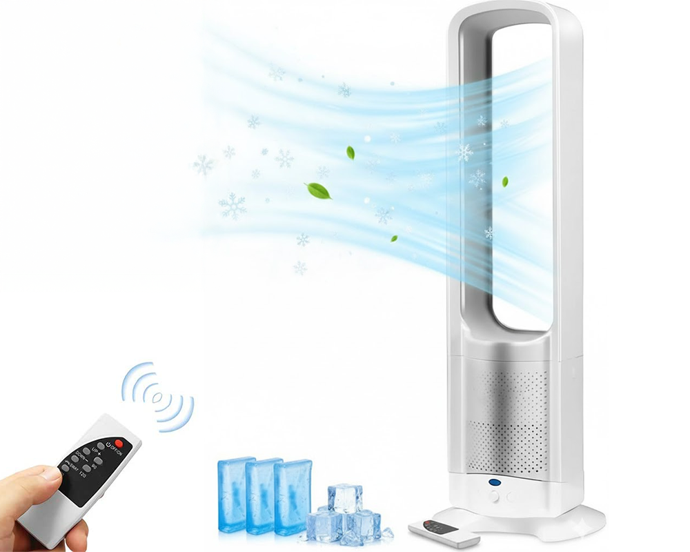 Bladeless fan tower placed in modern office setting