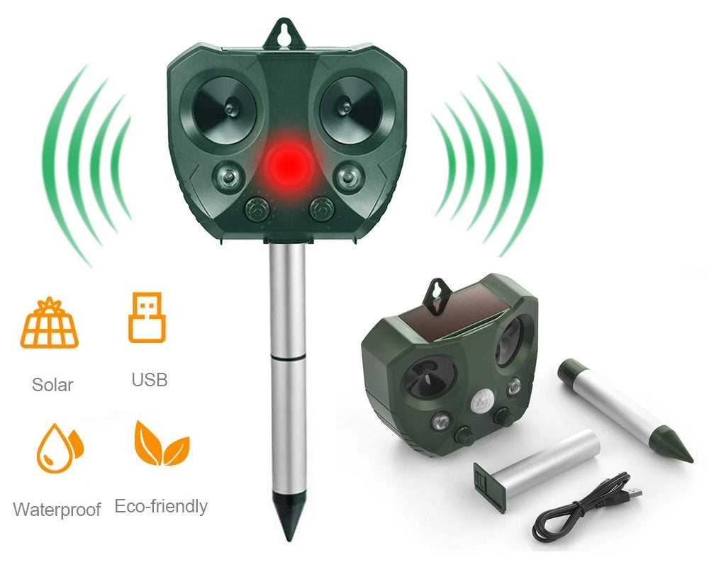Solar powered repeller with included rechargeable batteries