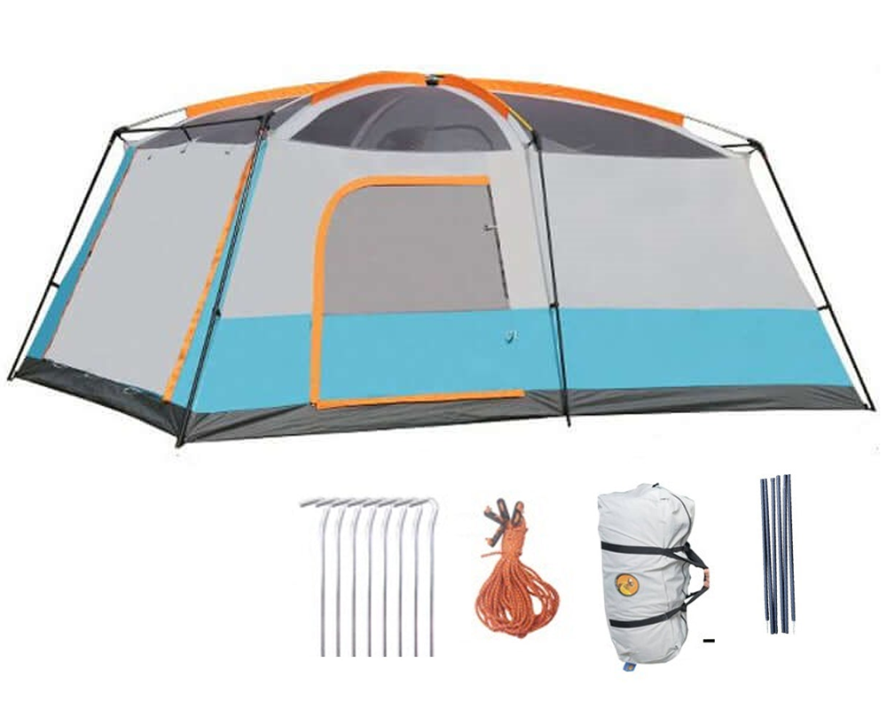 Camping tent side view with door open