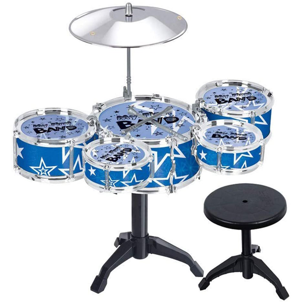 Junior drum kit front view with blue drums and cymbal