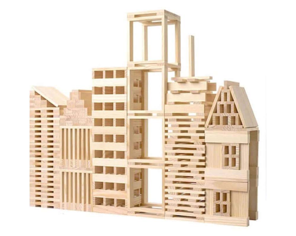 Storage box containing wooden building blocks