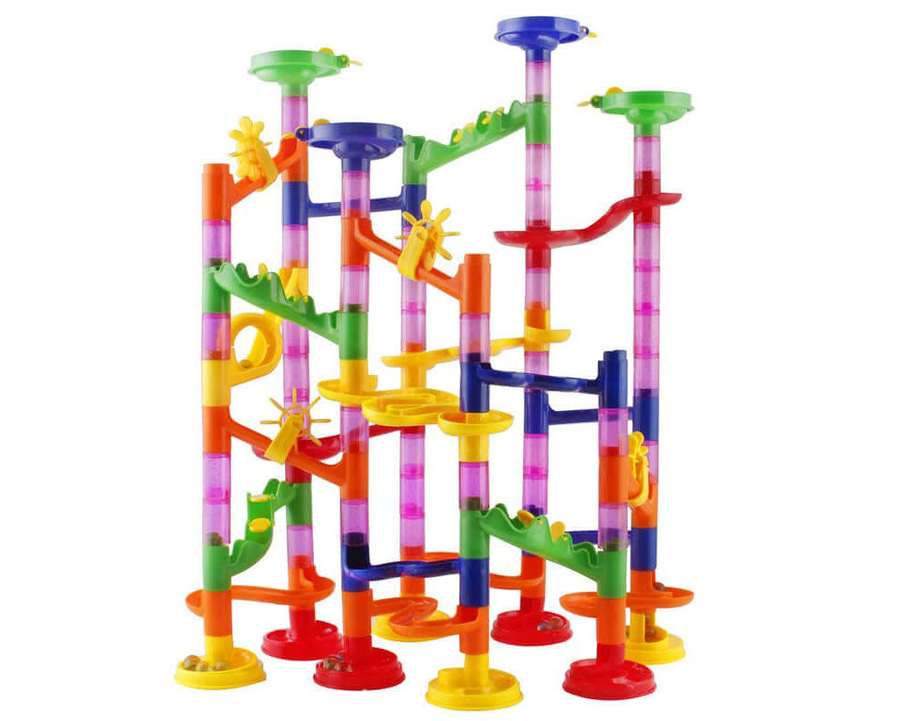 Marble run set displayed on playroom floor