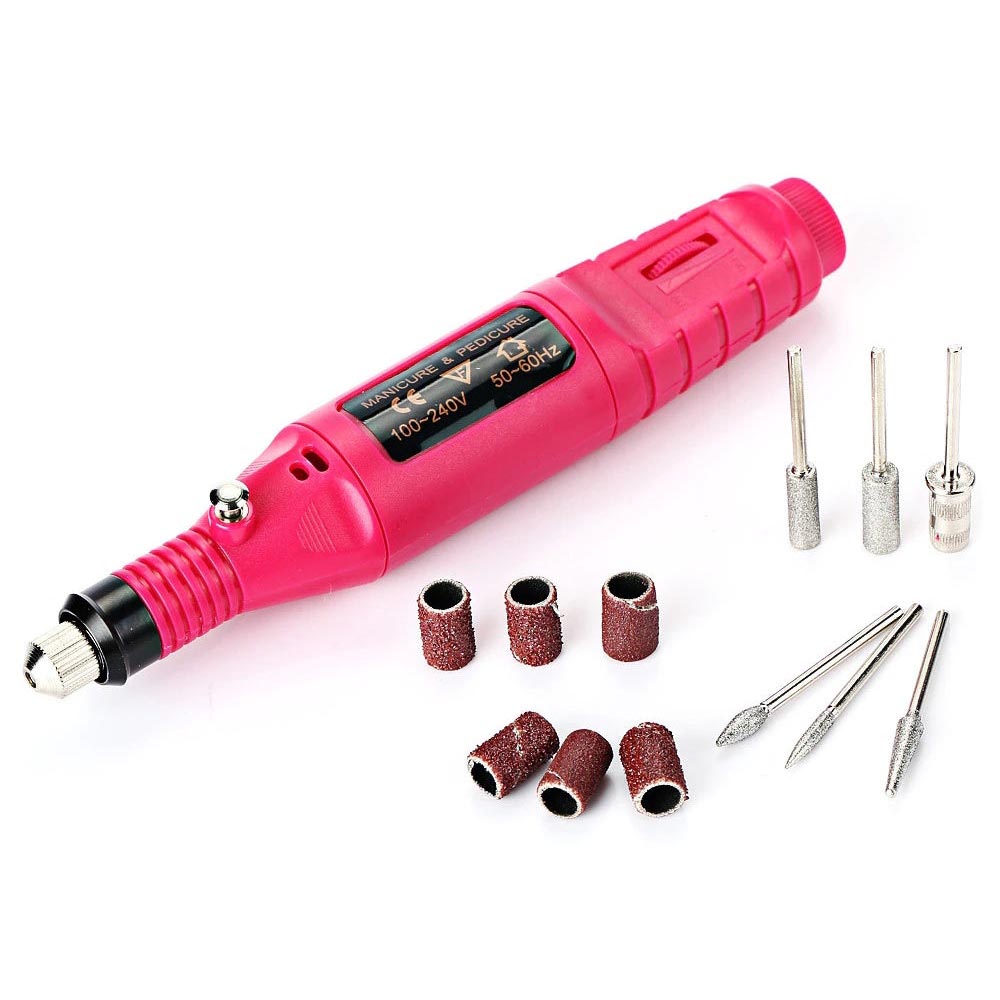 Nail drill bits arranged on white background