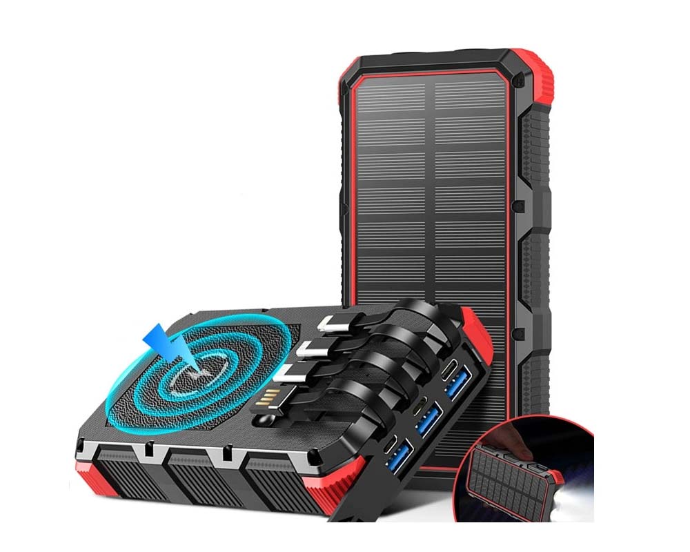 Solar power bank showing charging cables included