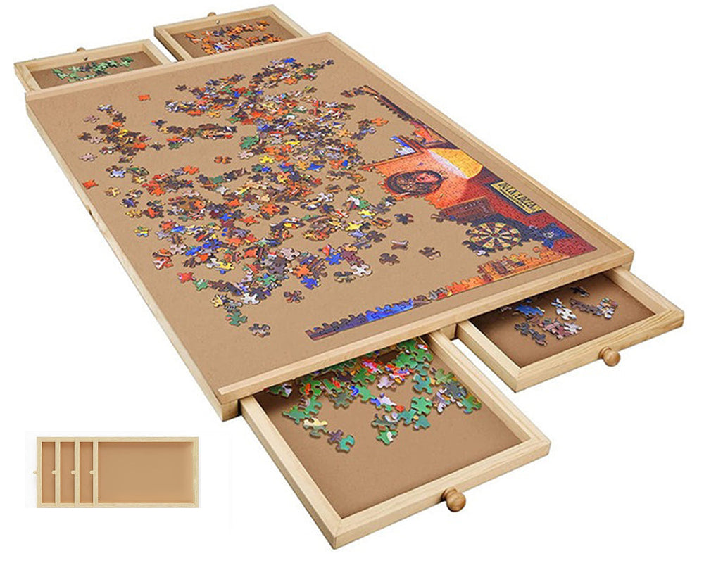 Puzzle table folded for compact storage