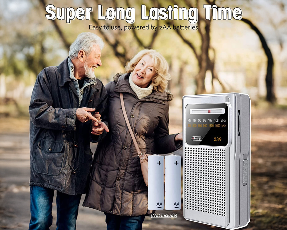 Silver portable radio with earphone jack