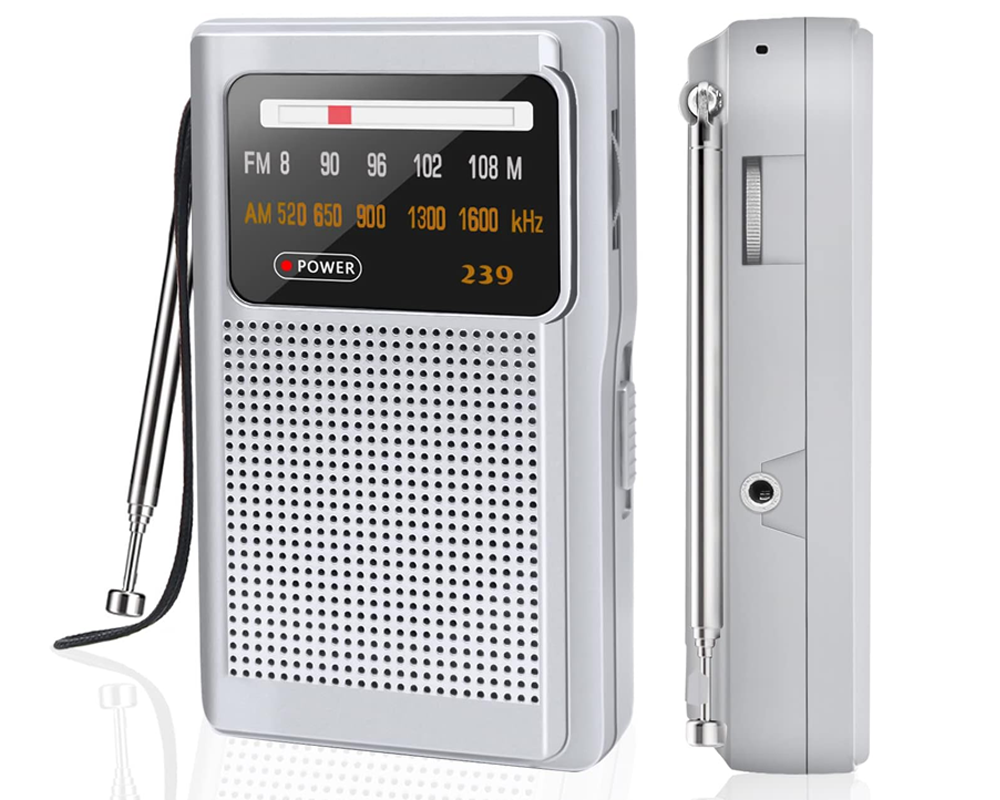 Portable AM FM radio with telescopic antenna extended