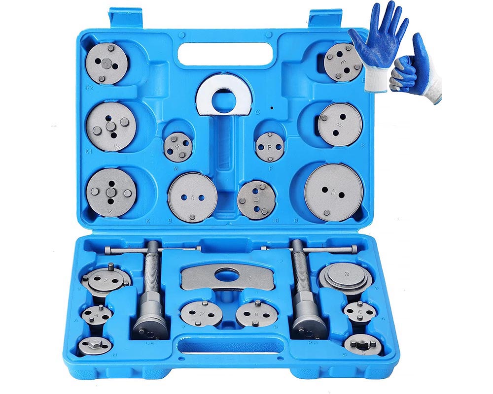 Disc brake caliper tool set with magnetic bolt design