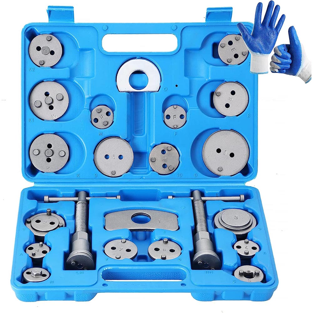 Brake caliper tool set components on workbench