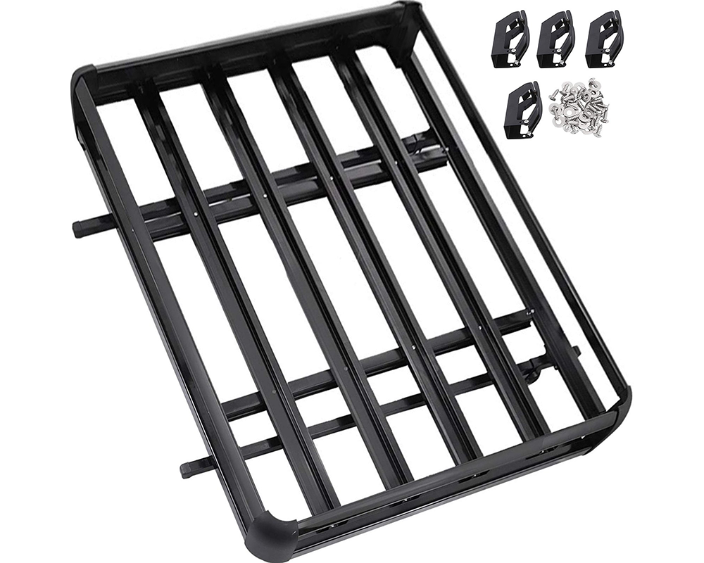 Universal roof rack basket side view showing black powder-coated aluminium