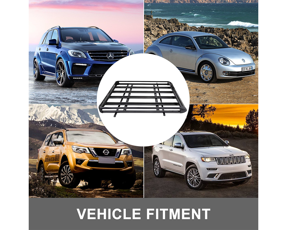 Universal roof rack basket mounted on SUV roof with camping gear