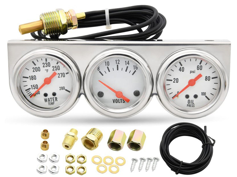 Oil Pressure Gauge Kit 3in1 showing three chrome gauges