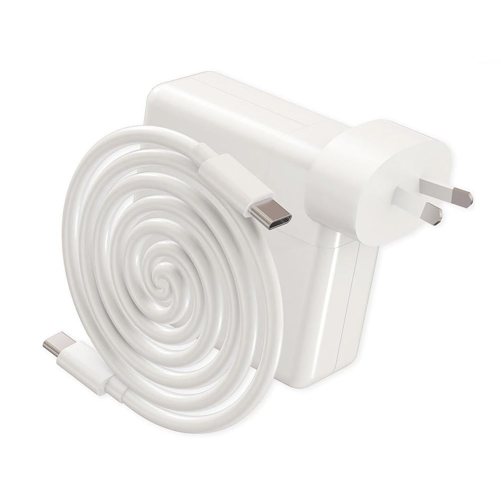 96W MacBook charger with smooth white plastic finish